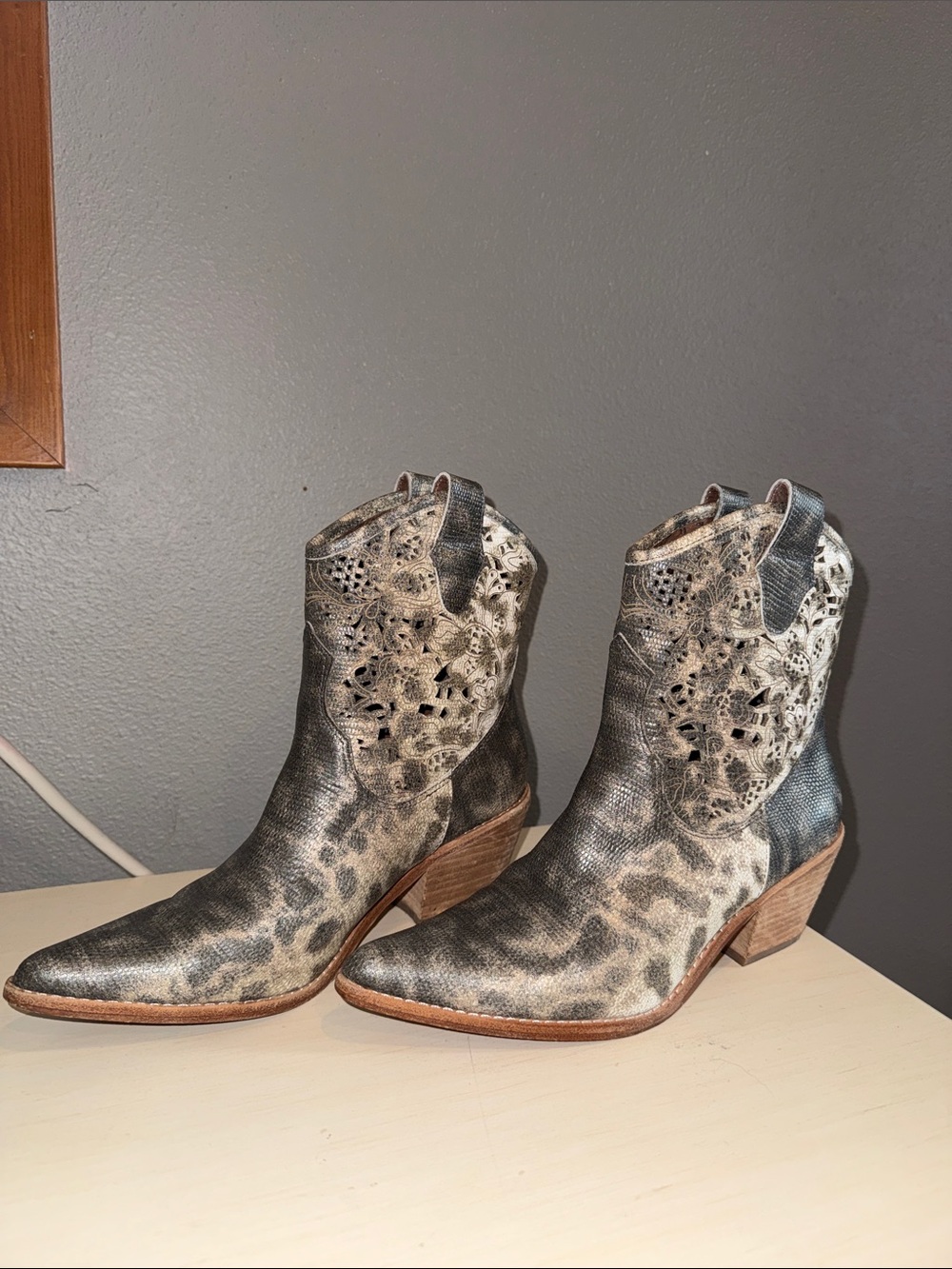 Donald J Pliner Women’s Grey Leopard Western Ankle Boots with Cutout Detail